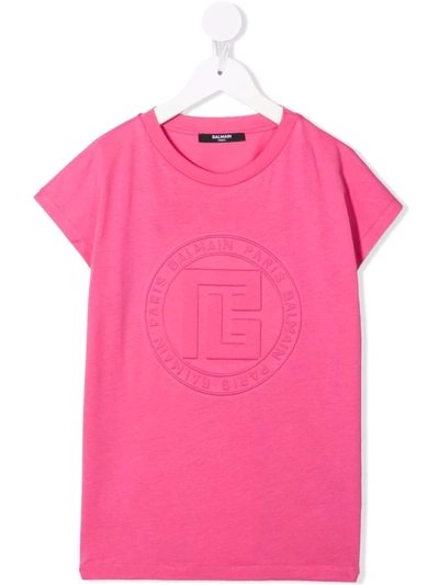 Balmain Kids' Debossed-logo T-shirt In Pink