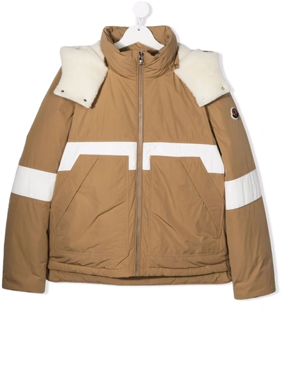 Moncler Kids' Colour Block Shearling-lined Padded Jacket In Brown