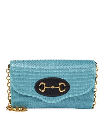 Gucci Blue Horsebit 1955 Raffia Small Shoulder Bag