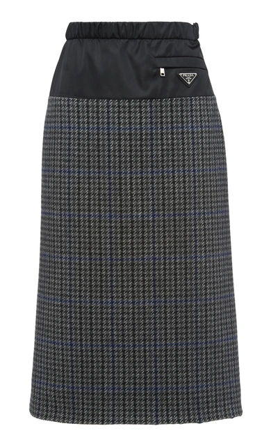 Prada Nylon-trimmed Checked Wool Midi Skirt In Plaid