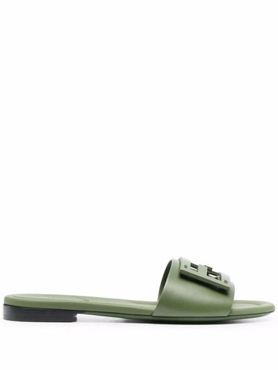 Fendi Ff Leather Flat Sandals In Green