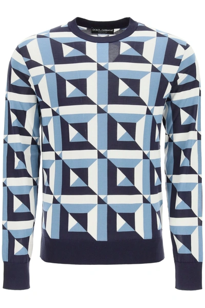 Dolce & Gabbana Geometric Intarsia Knit Sweater In Blue