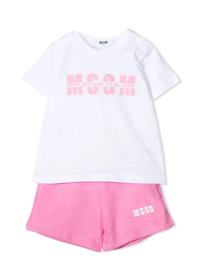 Msgm Babies' Unisex Kid Pink And White T-shirt/shorts Sports Suit With Contrasting Logo And Slogan