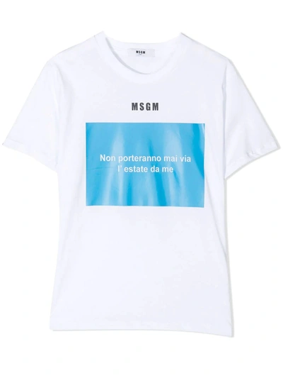 Msgm Kids' Slogan-print Cotton T-shirt In Bianco+celeste