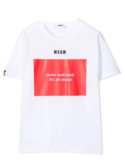 Msgm Kids' Slogan-print Crew-neck T-shirt In Bianco+rosso