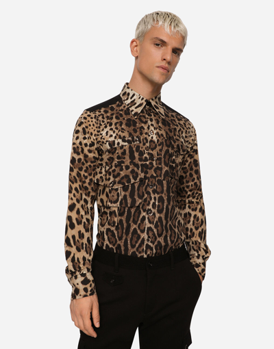 Dolce & Gabbana Leopard-print Cotton Shirt With Multiple Pockets In Multicolor