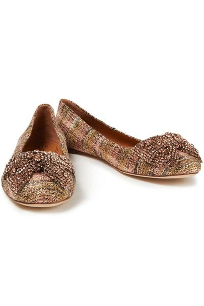 Tory Burch Embellished Metallic Cotton-blend Tweed Ballet Flats In Gold