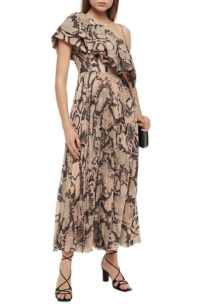 Solace London Rosa One-shoulder Ruffled Pleated Snake-print Crepe Maxi Dress In Neutrals
