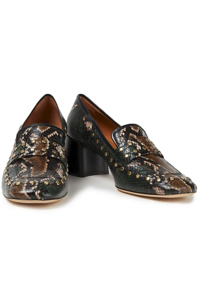Tory Burch Ruby Studded Snake-effect Leather Loafers In Green