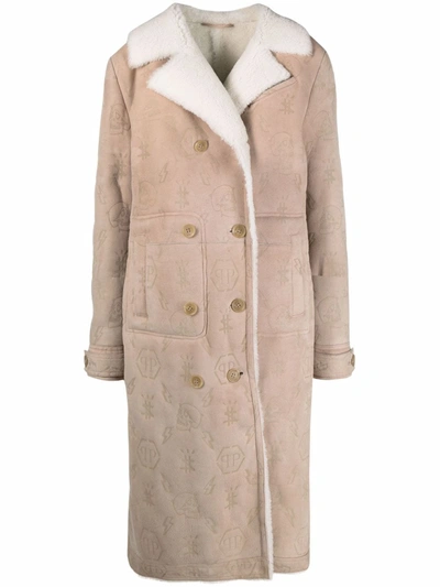 Philipp Plein Monogram-embossed Long Shearling Coat In Beige