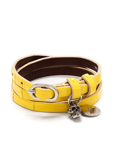 Alexander Mcqueen Pave Skull Charm Croc Embossed Leather Wrap Bracelet In Yellow
