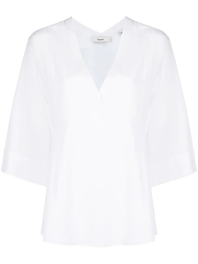 Vince V-neck Crop Cotton & Linen T-shirt In Optic White