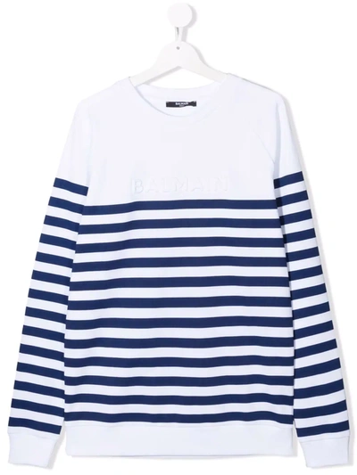 Balmain Teen Logo-embossed Striped Sweatshirt In Bl Bianco Blu