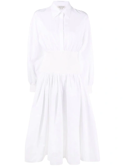 Alexander Mcqueen Puff-sleeve Cinched-waist Midi Shirtdress In Optical White