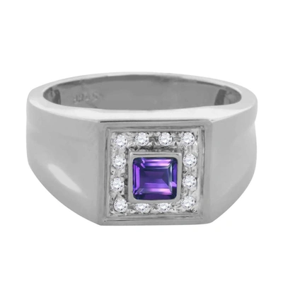 Maulijewels 0.25 Carat 4mm Square Amethyst Gemstone With 0.12 Carat Round Natural Diamond Halo Ring For Men Craf In Gold Tone,purple,white