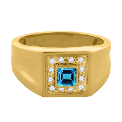 Maulijewels 0.25 Carat 4mm Square Blue-topaz Gemstone With 0.12 Carat Round Natural Diamond Halo Ring For Men Cr In Blue,gold Tone,white,yellow
