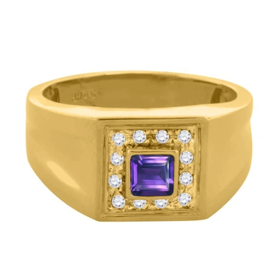 Maulijewels 0.25 Carat 4mm Square Amethyst Gemstone With 0.12 Carat Round Natural Diamond Halo Ring For Men Craf In Gold Tone,purple,white,yellow
