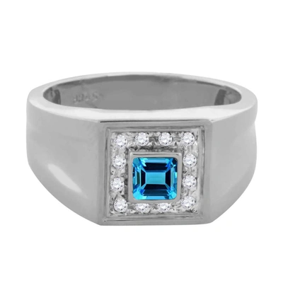 Maulijewels 0.25 Carat 4mm Square Blue-topaz Gemstone With 0.12 Carat Round Natural Diamond Halo Ring For Men Cr In Blue,gold Tone,white