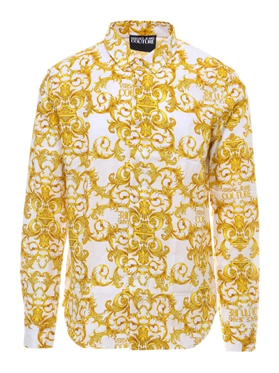 Versace Jeans Couture Printed Stretch Cotton Shirt In White And Gold