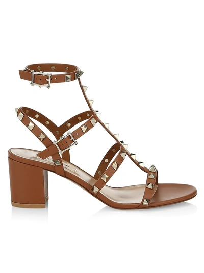 Valentino Garavani Rockstud Leather Cage Sandals In Cognac