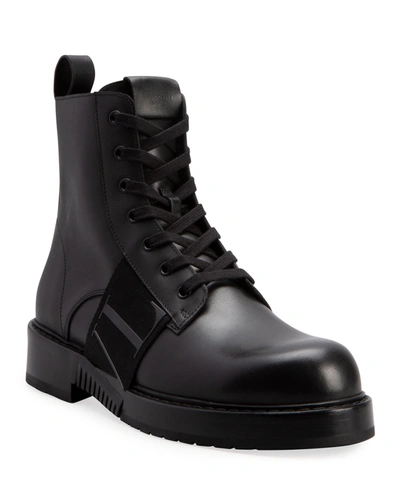 Valentino Men's Web Logo Calf Leather Combat Boots In 0no Nero