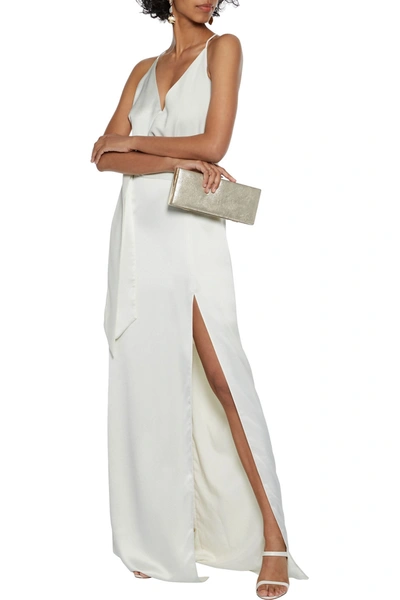 Halston Wrap-effect Crepe-paneled Satin Gown In Cream
