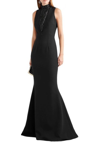 Safiyaa Fluted Embellished Tulle-paneled Cady Gown In Black