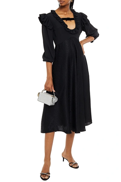 Vivetta Ruffle-trimmed Bow-embellished Floral-print Satin-jacquard Midi Dress In Black