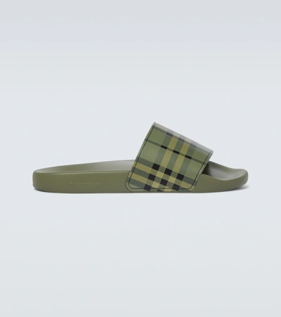 Burberry Furley Vintage-check Rubber Slides In Military Green Ip Ch