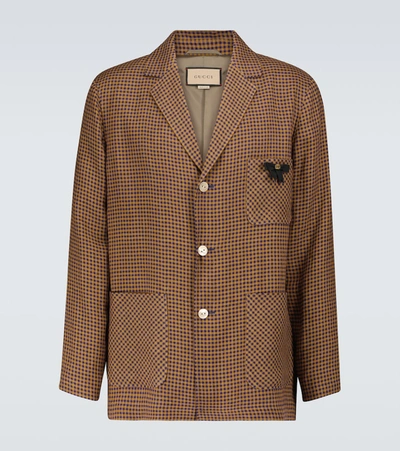 Gucci Single-breasted Pin-embellished Check Linen Blazer In Yellow