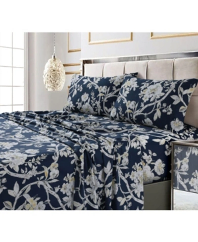 Tribeca Living Colmar Printed 300 Thread Count Cotton Sateen Extra Deep Pocket Sheet Set Cal King Sheet Set Bedding In Navy