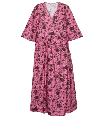 Ganni Floral-print Organic Cotton-poplin Wrap Dress In Shocking Pink
