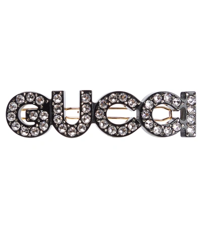 Gucci Logo Crystal-embellished Hair Clip In Black