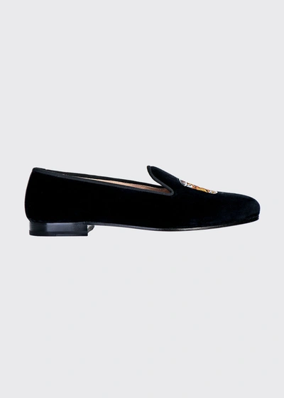Stubbs And Wootton Men's Scotch Embroidered Velvet Loafers In Black
