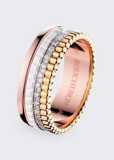Boucheron Quatre Small Ring In Tricolor Gold With White Ceramic And Diamonds In Multi