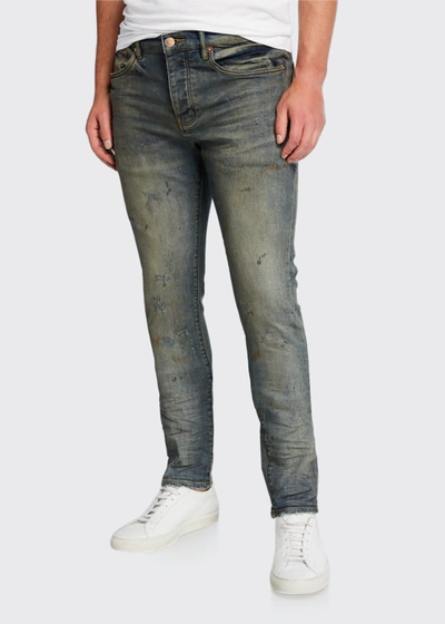 Purple Men's Ripped-knee Slim Jeans With Raw Edges In Blue