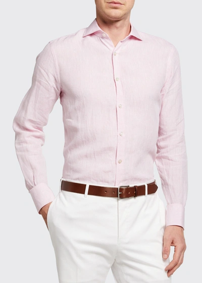Canali Chambray Linen Long Sleeve Shirt In Pink
