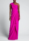 Rickie Freeman For Teri Jon One-shoulder Draped Stretch Crepe Gown In Magenta