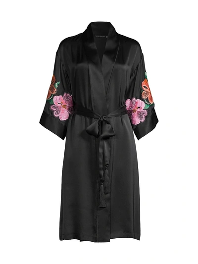 Natori Peony Blossoms Embroidered Dressing Gown In Black