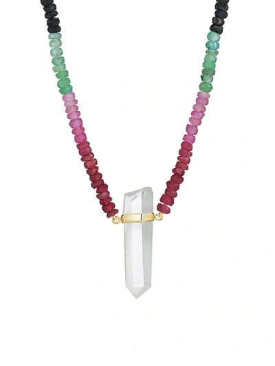 Jia Jia Women's Arizona 14k Yellow Gold, Dark Rainbow Sapphire & Crystal Quartz Pendant Beaded Necklace