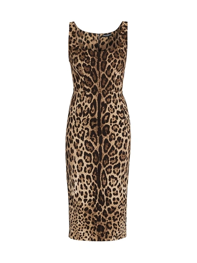 Dolce & Gabbana Mini Brown Dress With All-over Leo Print In Stretch Viscose Woman In Black