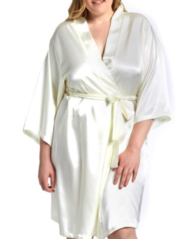 Icollection Plus Size Marina Lux Satin Robe Lingerie In Ivory/cream