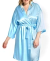 Icollection Plus Size Marina Lux Satin Robe Lingerie In Light-blue
