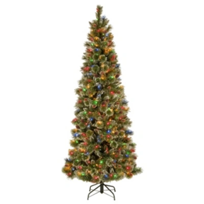 National Tree Company National Tree 7' Glistening Pine Pencil Slim Hinged Tree With Glittered Cones & Multi Lights Powerco In Green