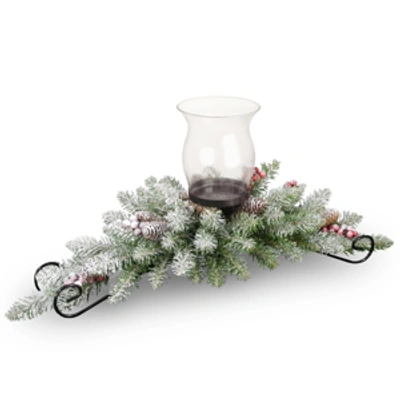 National Tree Company 30" Dunhill Fir Centerpiece And Candle Holder With Snow, Berries And Cones In Green