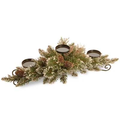 National Tree Company 30" Glittery Bristle Pine Centerpiece W/3 Candle Holders & 6 White Tipped Cones In Green
