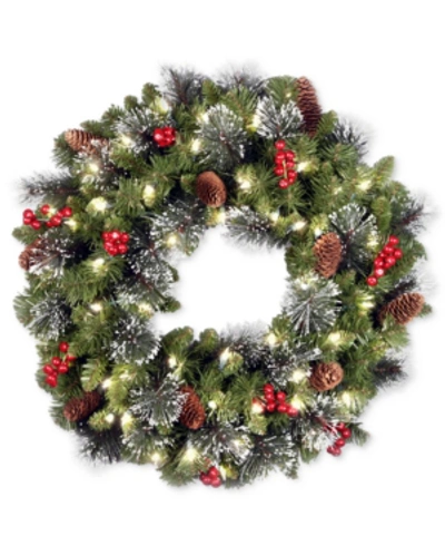 National Tree Company 24" Crestwood Spruce Wreath With Silver Bristle, Pine Cones, Berries, Glitter & 50 Led Lights In Green