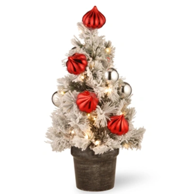 National Tree Company 2' Snowy Bristle Pine Tabletop Tree W Ornaments In Black/silver Urn & Warm White Lights W/timer In Green