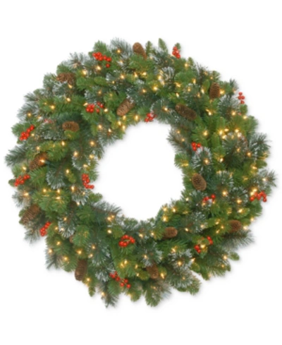 National Tree Company 30" Crestwood Spruce Wreath With Red Berries, Pine Cones, Glitter & 70 Battery-operated Led Lights In Green
