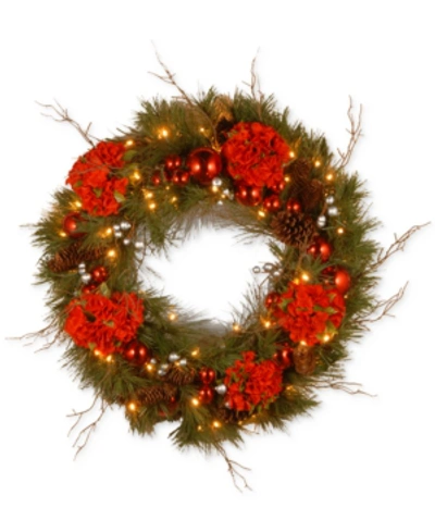 National Tree Company 24" Hydrangea Wreath With Pine Cones, Berries & 50 Battery-operated Led Lights In Multi